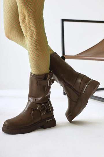 Joann – Brown Buckle-Detail Biker Boot (Women)