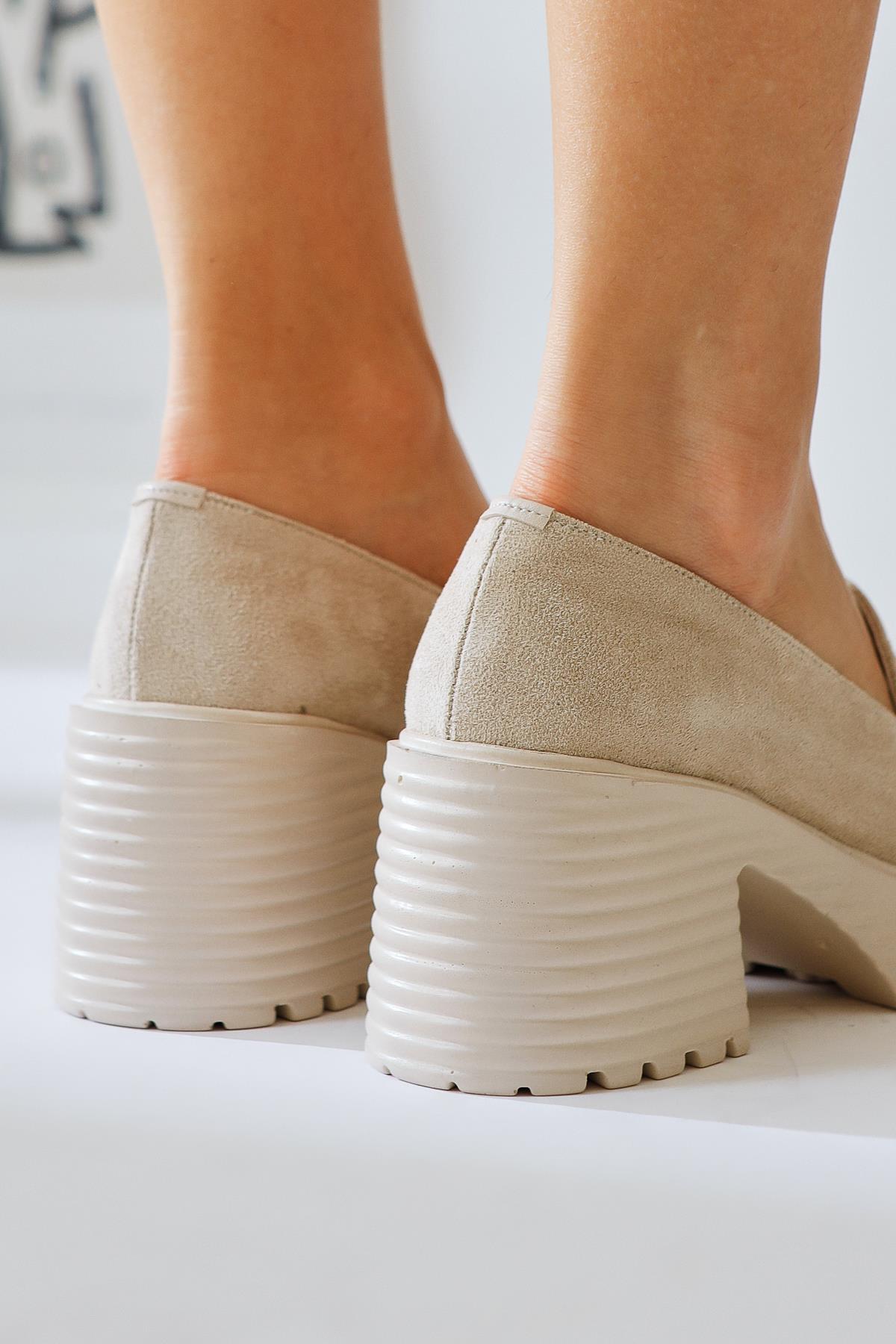 Alinne Beige Suede Thick-Soled Platform Loafers