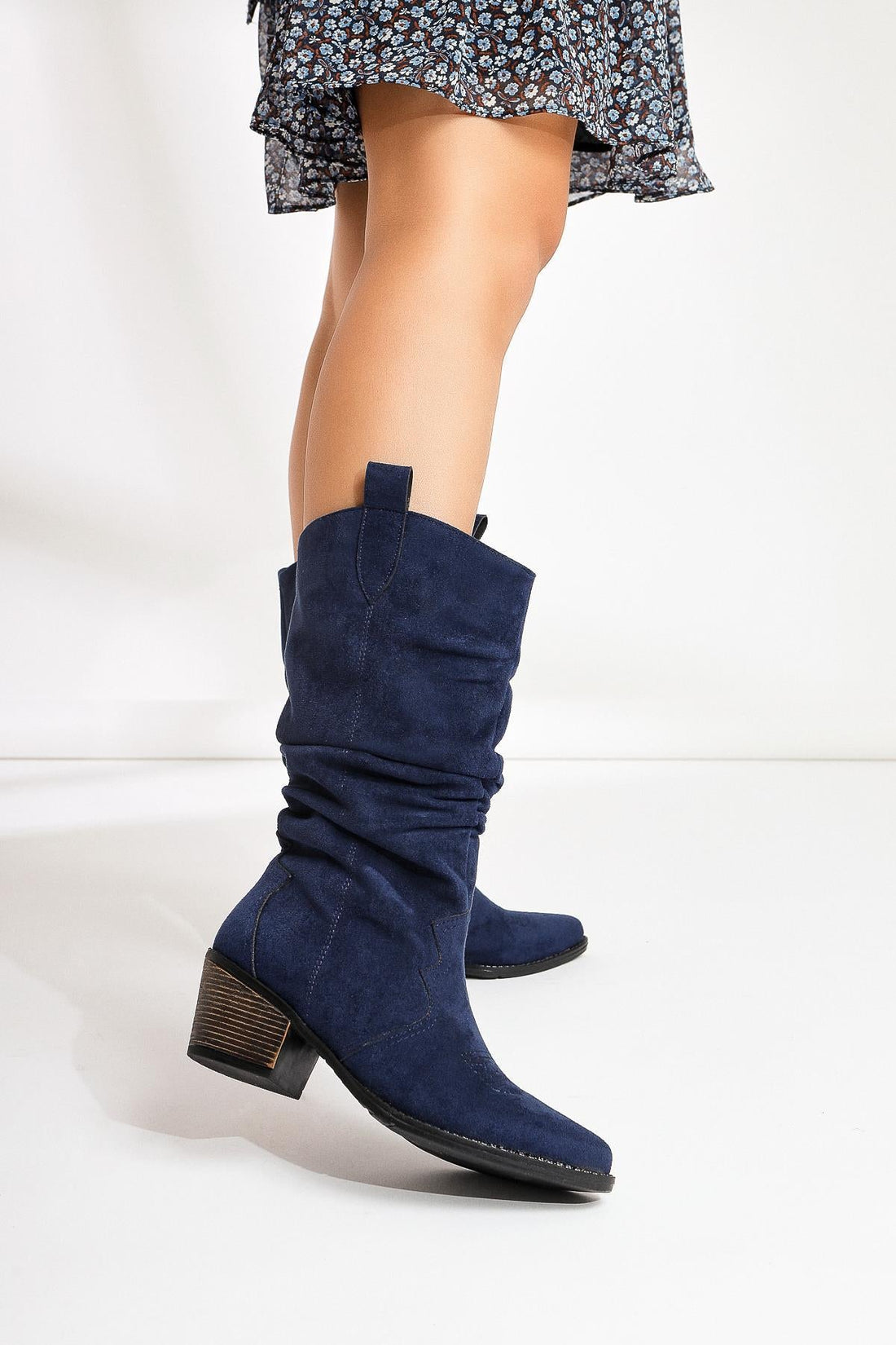 Lise-Britt – Navy Suede Gusseted Embroidered Western Boot (Women)