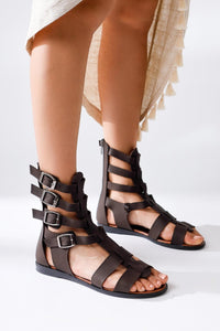 Genuine Leather Miranda Brown Zippered Gladiator Sandals
