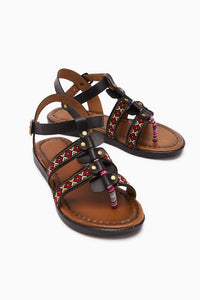 Echtes Leder Gabrielle Schwarz Verstellbare Etnische Muster Flach Damen Sandale