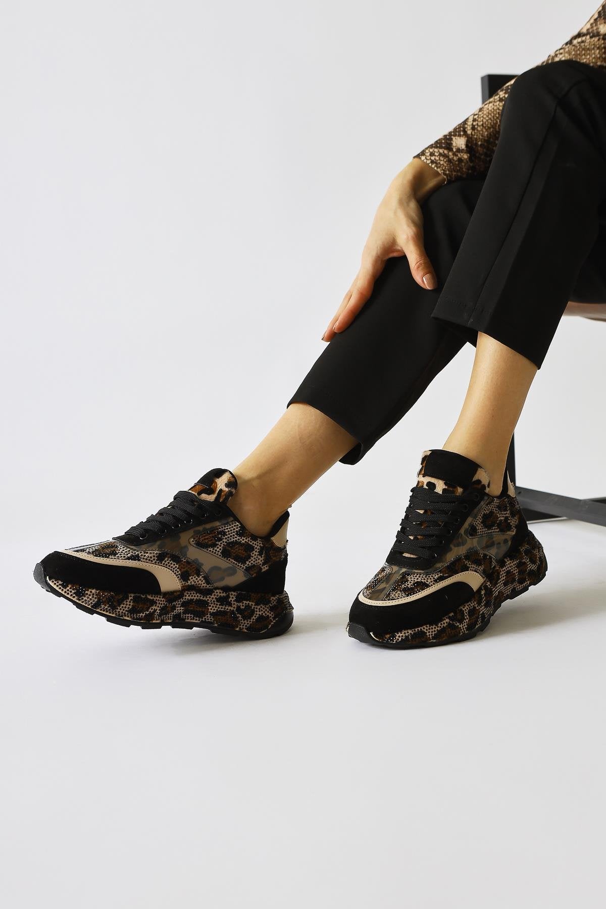 Kada Beige Leopard Patterned Stone Detail Sneakers