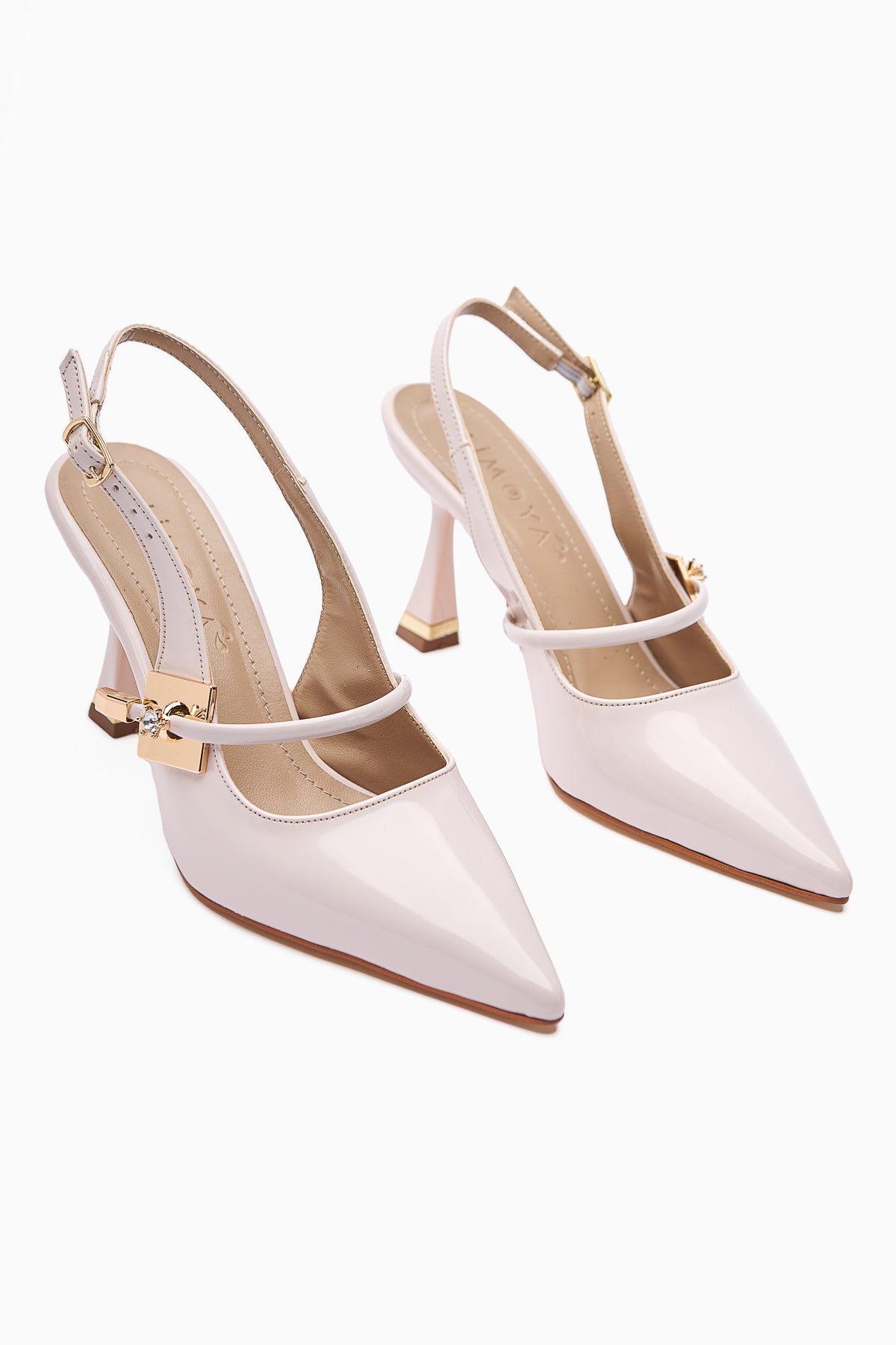 Sarita Beige Patent Leather Buckled Pointed Toe Women's High Heel Shoes