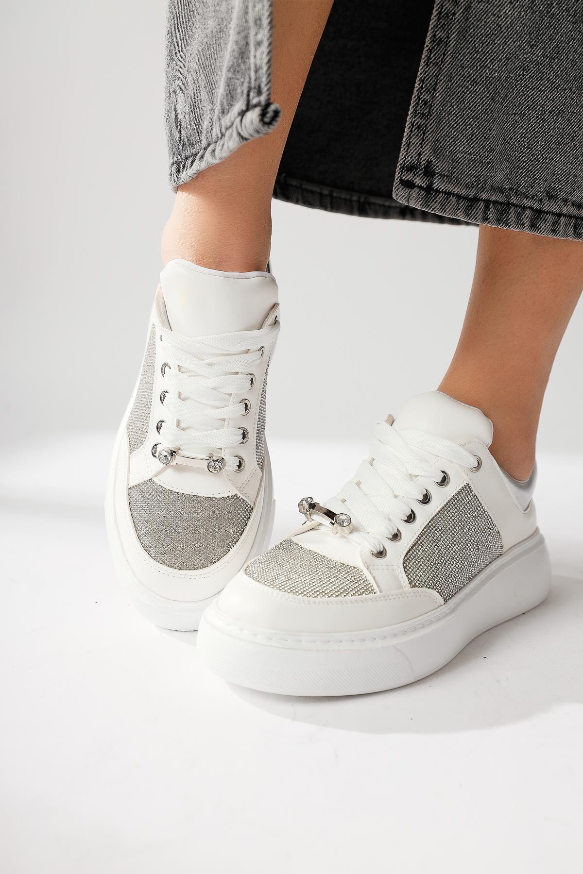 Sonnie White Thick Soled Stone Detail Sneakers