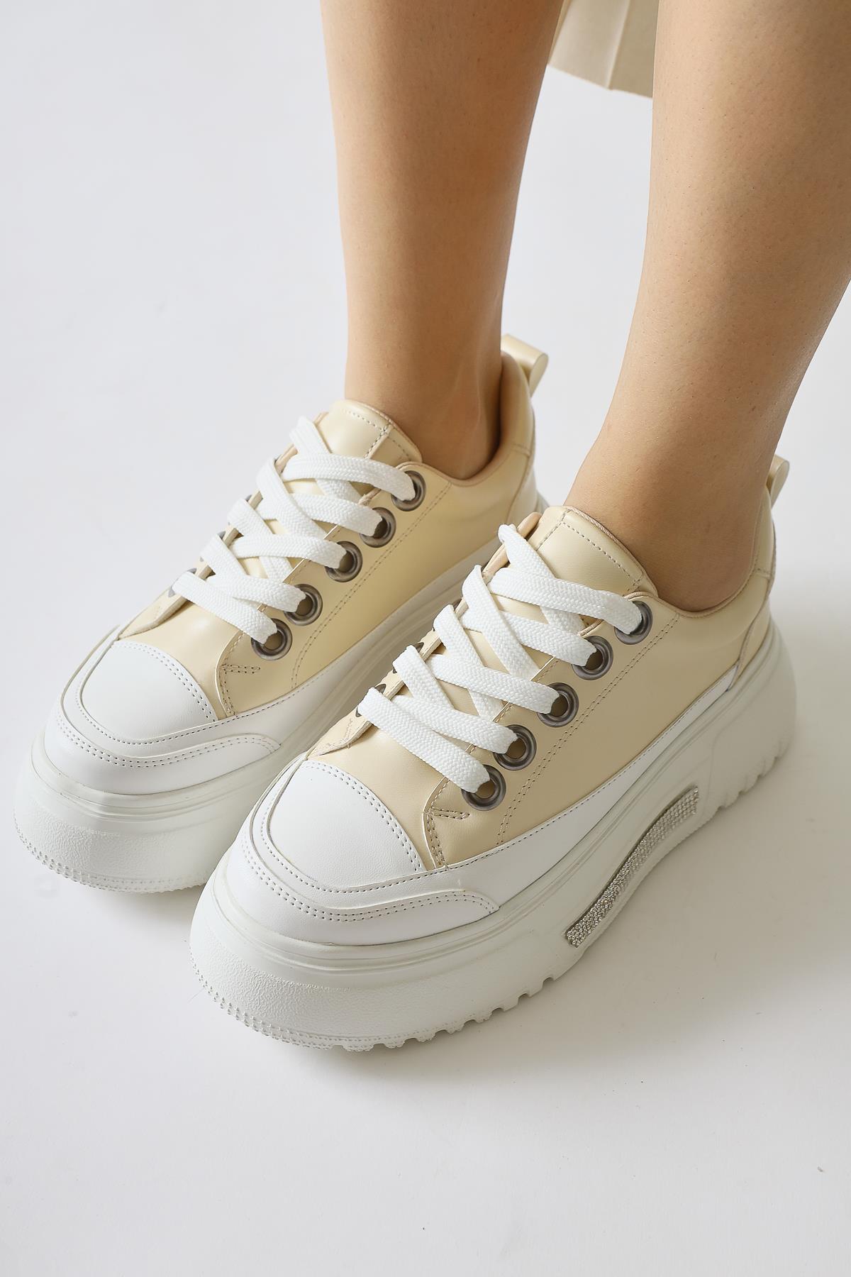 Rosella Beige Thick Soled Stone Detailed Lace-Up Sneakers