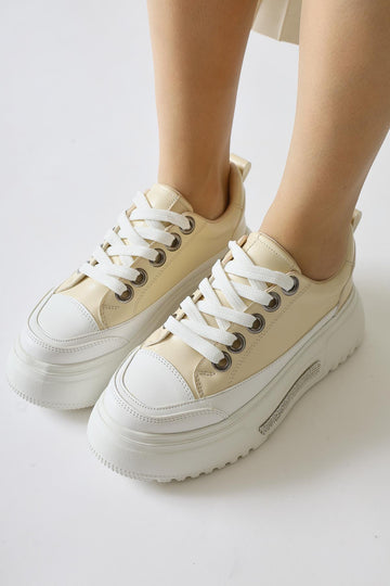 Rosella Beige Thick Soled Stone Detailed Lace-Up Sneakers