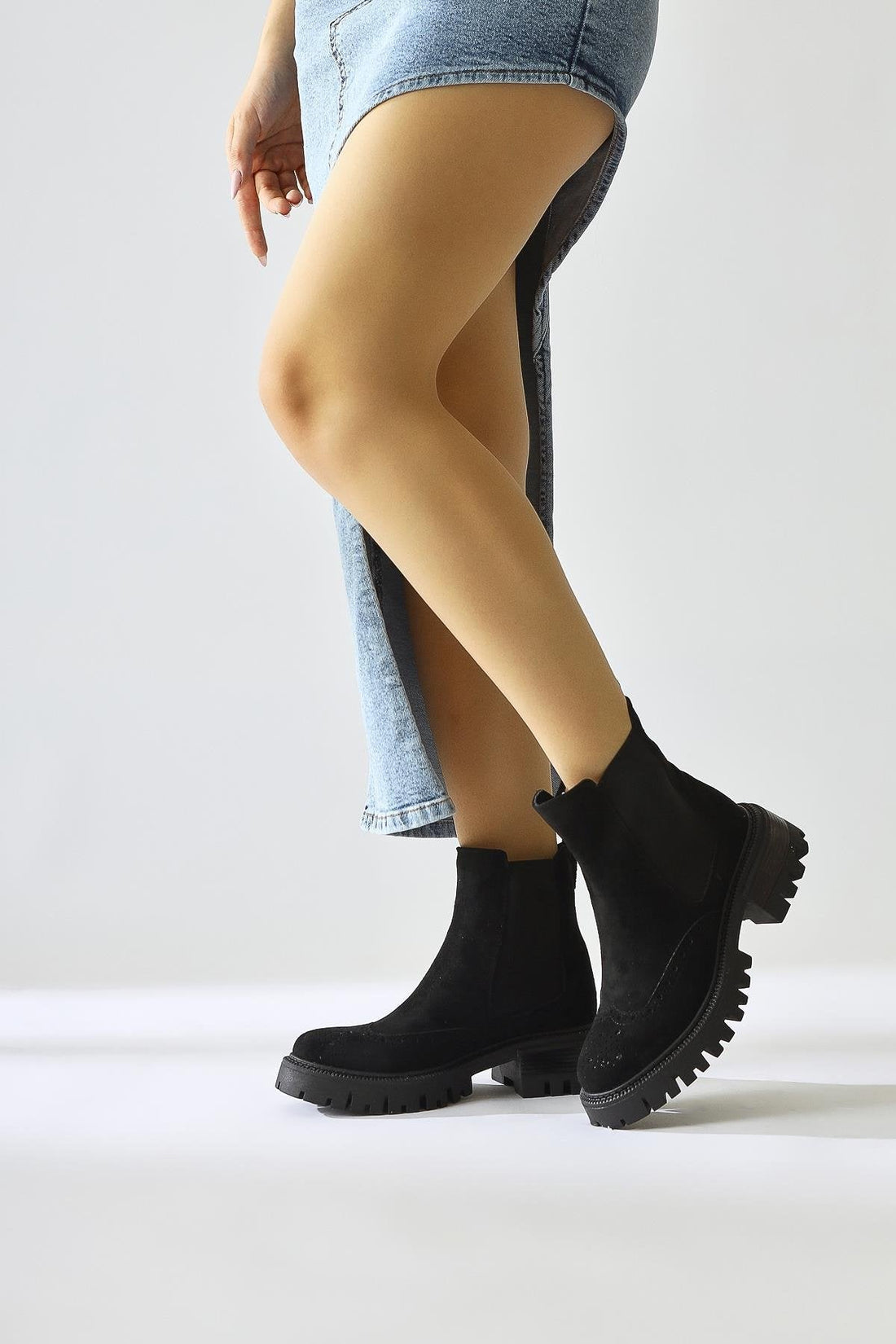 Leyah – Black Suede Laser-Cut Elastic Boot (Women)