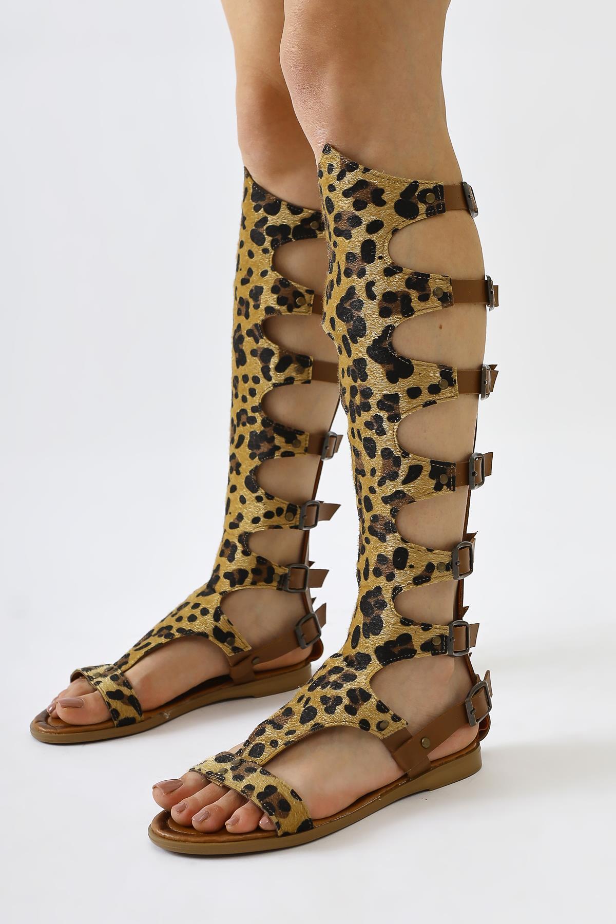 Genuine Leather Hades Tan-Leopard Below Knee Gladiator Sandals