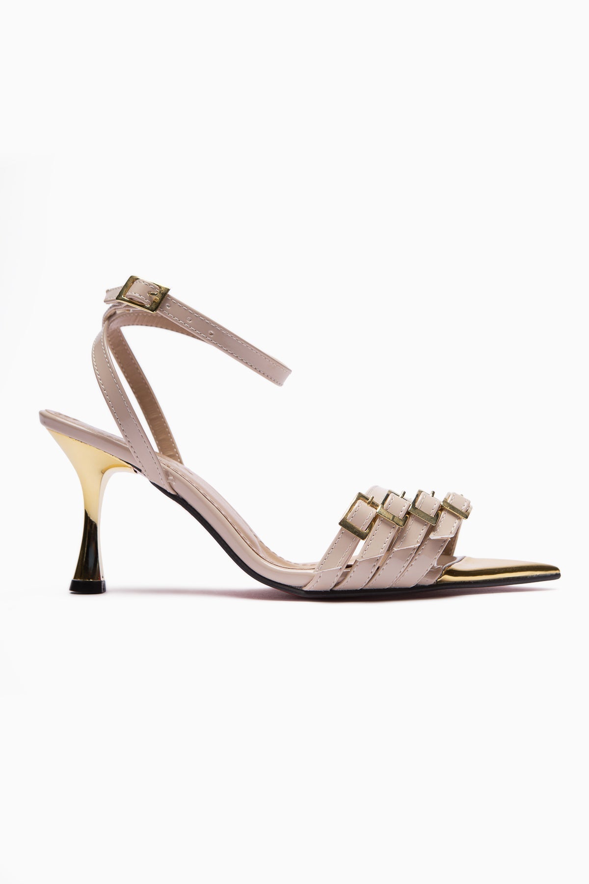 Helna Beige Gold-Schnallen Stiletto Knöchelriemen Damen Sandalen
