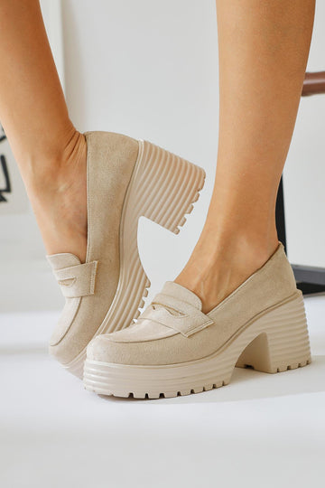 Alinne Beige Suede Thick-Soled Platform Loafers