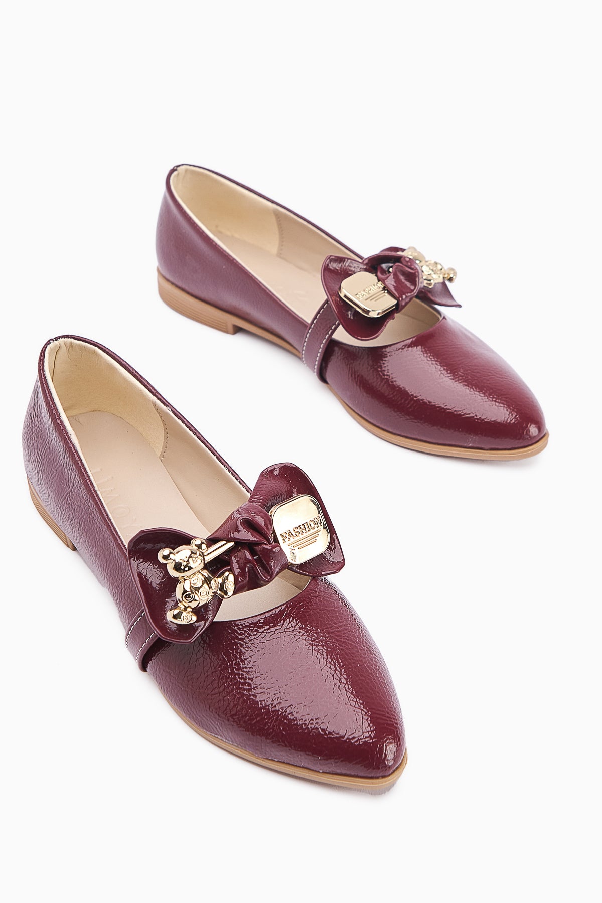 Joselin Claret Red Wrinkled Patent Leather Bow Accessory Ballerinas