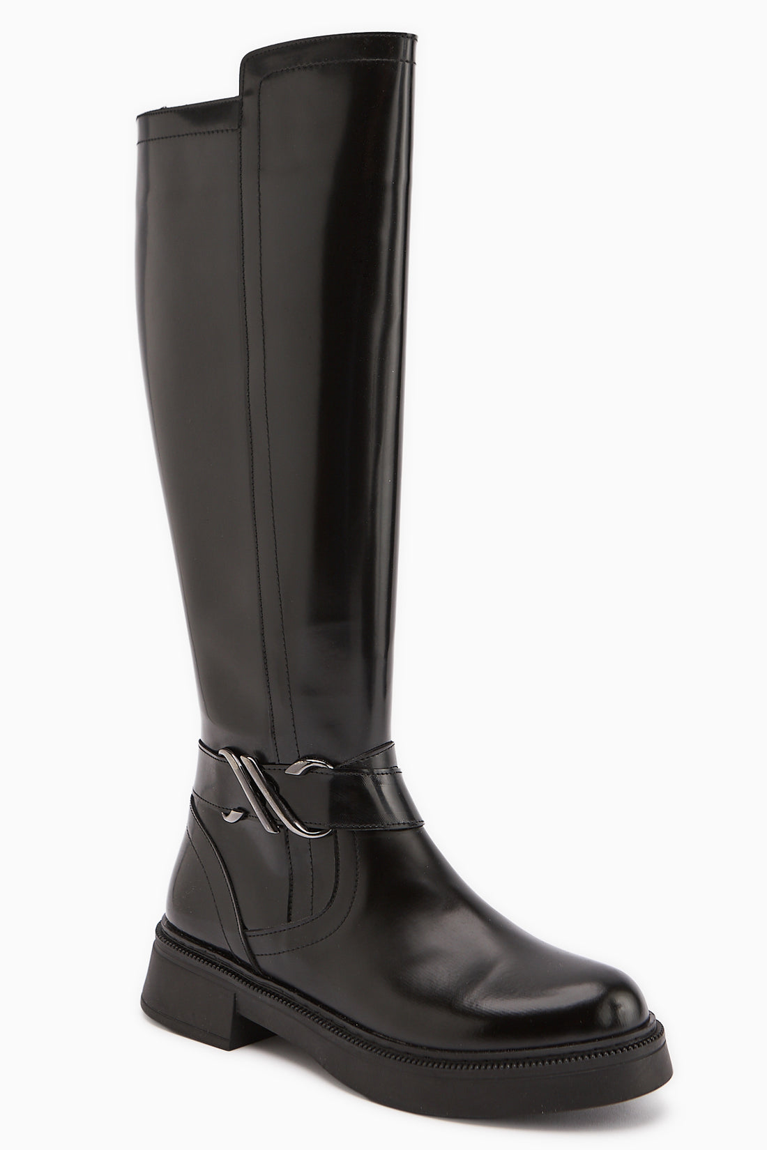 Birgita Schwarze Lack Schnalle Detail Reißverschluss Damen Stiefel