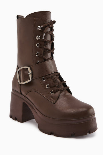 Caklin Women's Coffee Platform Heeled Boot with Belt Detail