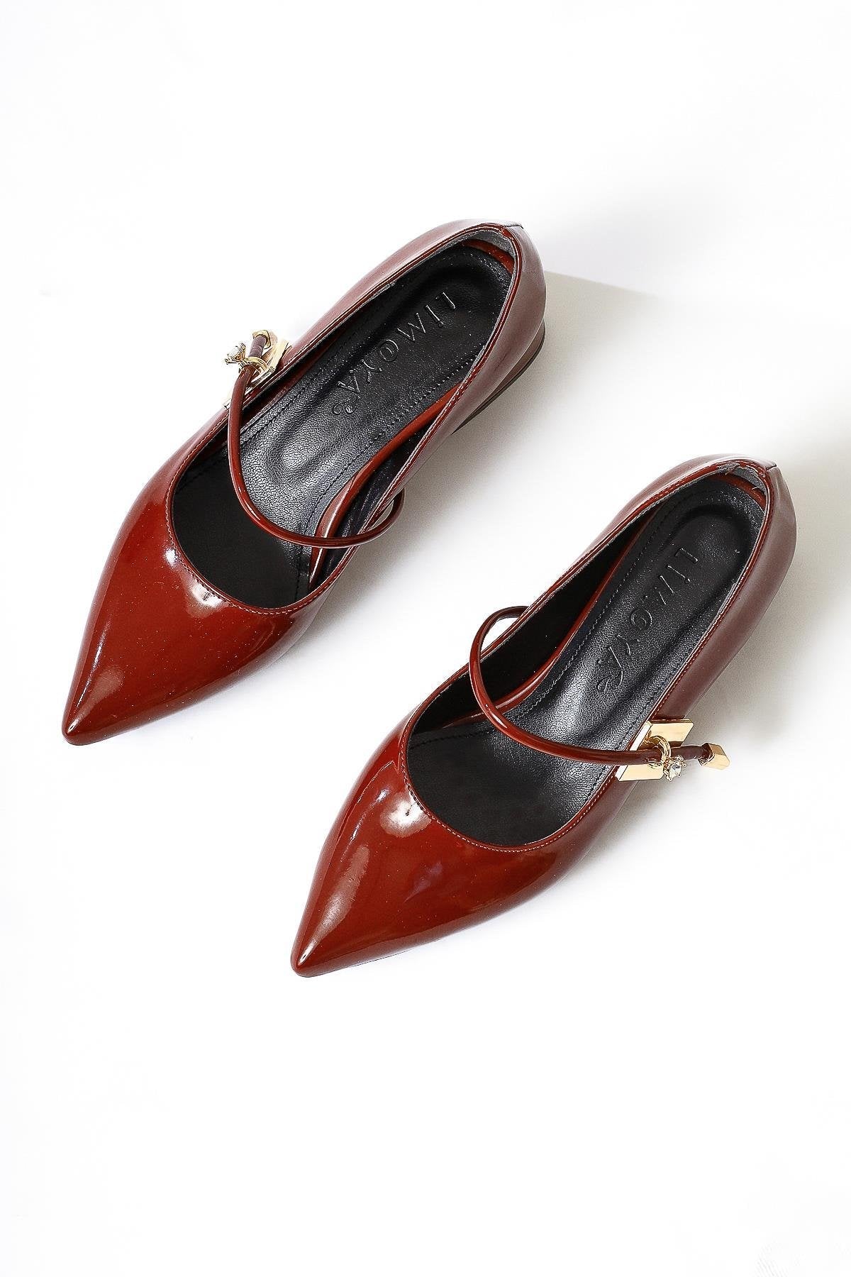 Micha – Burgundy Patent Pointed-Toe Single-Strap Buckle-Detail Low-Heel Everyday Shoe (Women)
