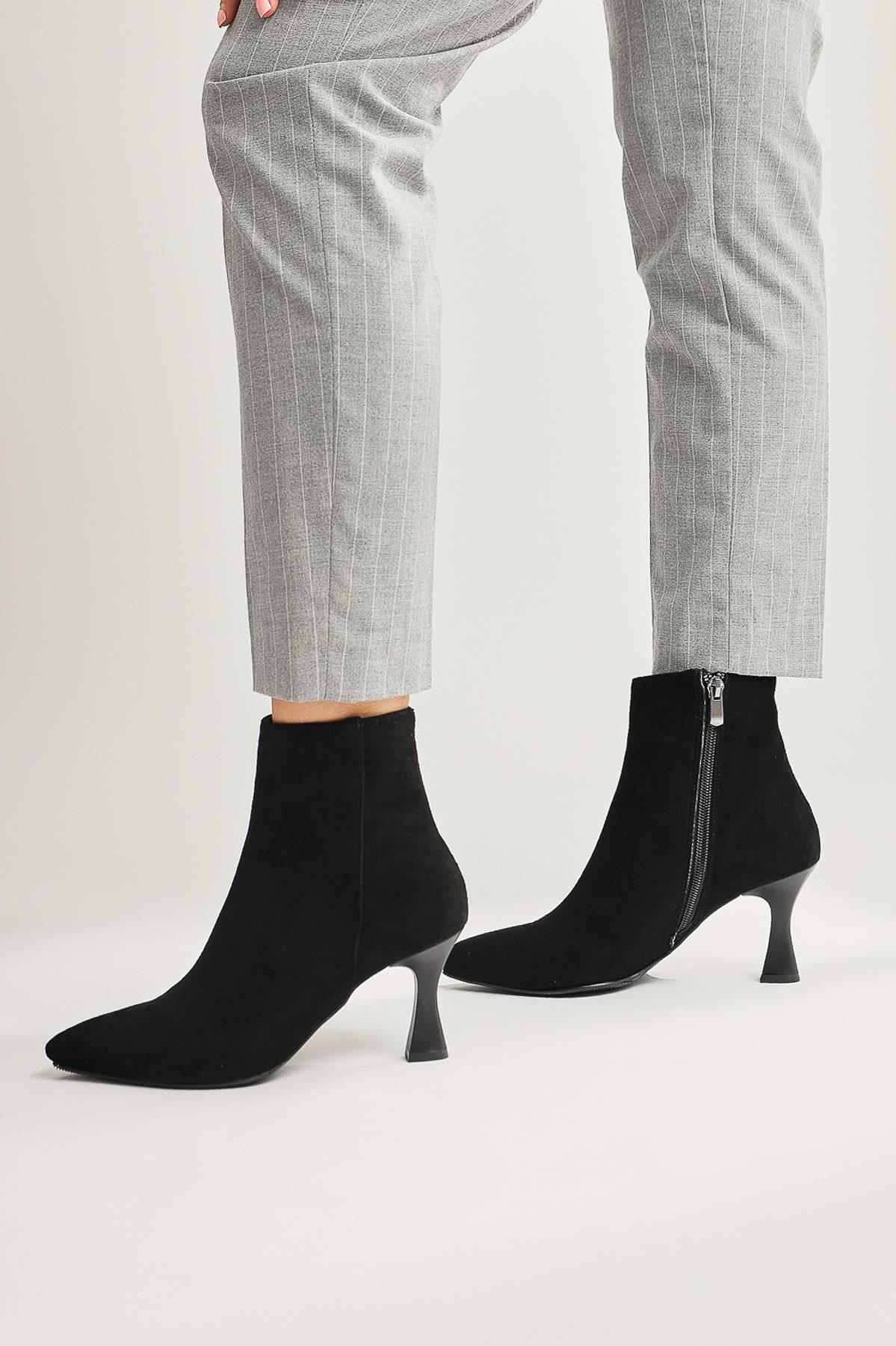 Anna Eva Black Suede Pointed Toe Zippered Thin Heel Boots