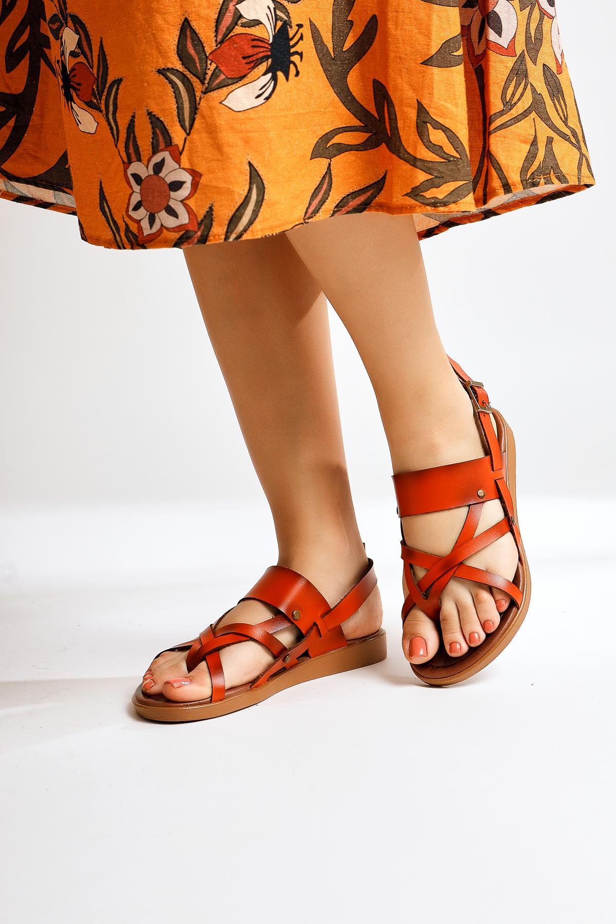 Genuine Leather Faika Orange Flip Flop Sandals