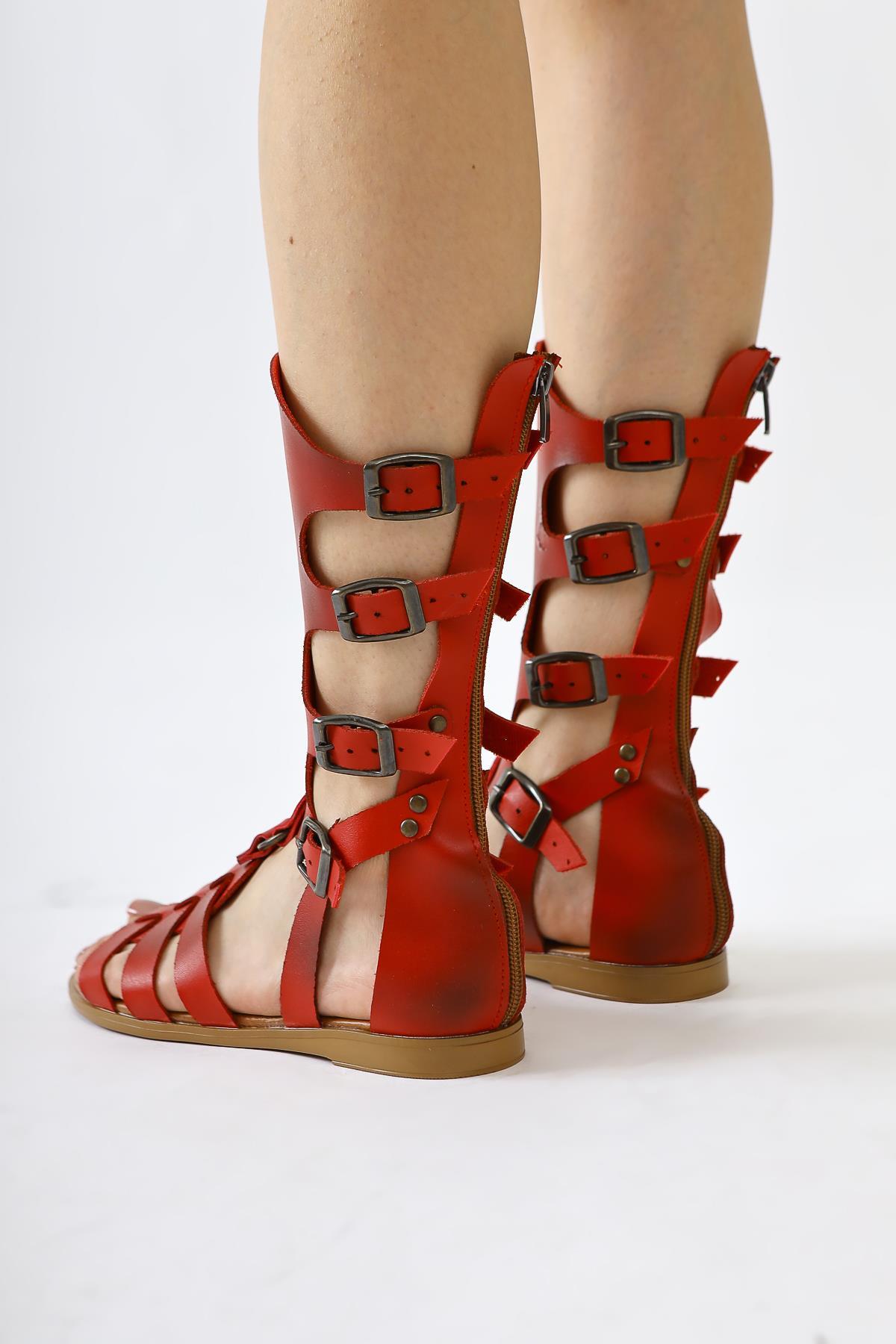 Genuine Leather Baisa Red Buckle Detailed Flat Sole Sandals