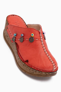 Echtes Leder Annika Rot Antik und Evil Eye Perle Detail Komfort Sabo Pantoletten