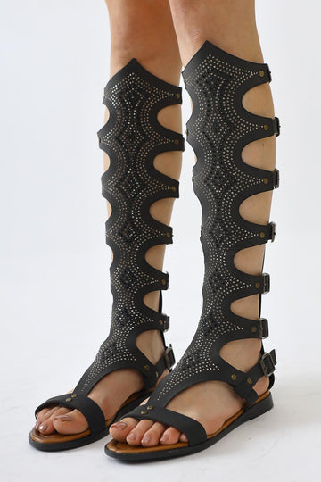 Genuine Leather Medusa Black Stone Detailed Below Knee Gladiator Sandals