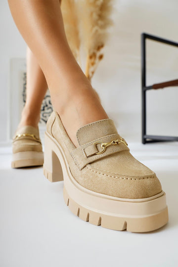Manija Beige Suede Buckle Detail Platform Loafers