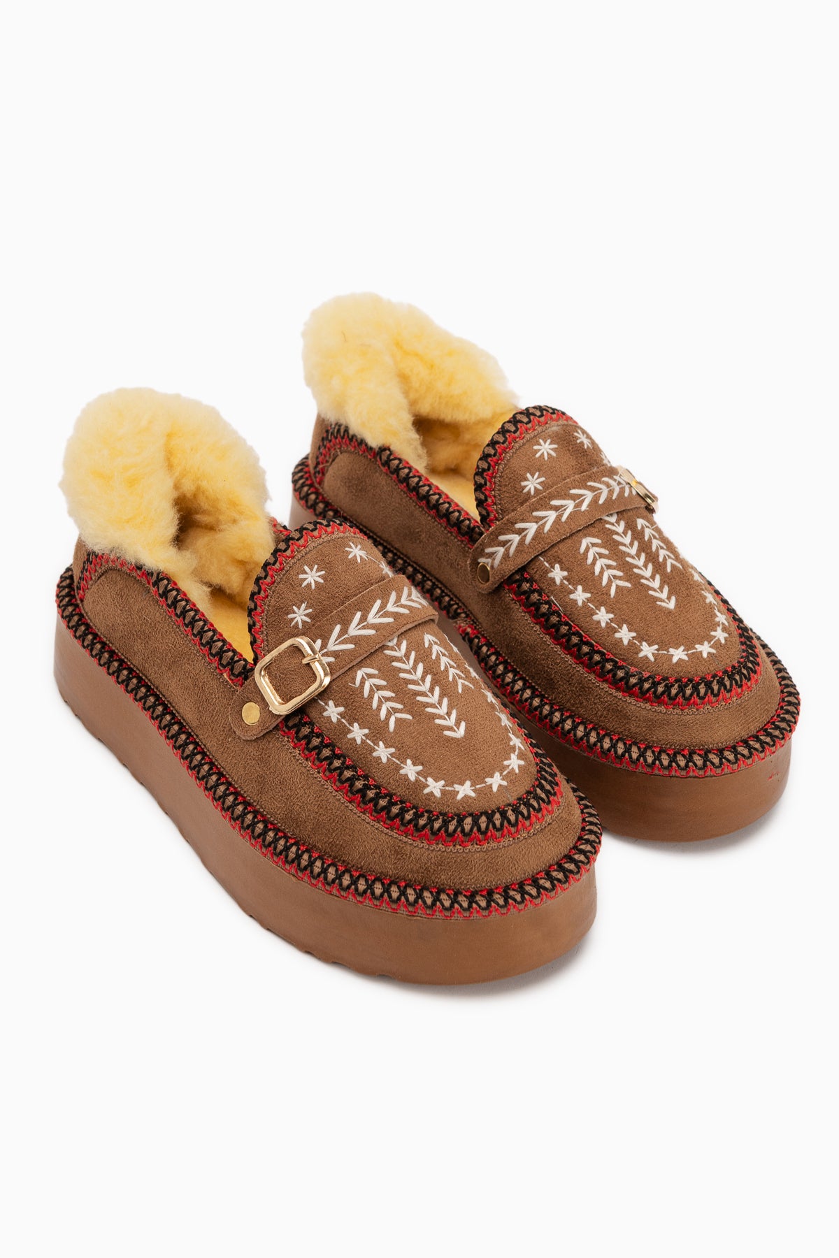 Lexi Tan Suede Embroidered Buckled Fur Women’s Shoes