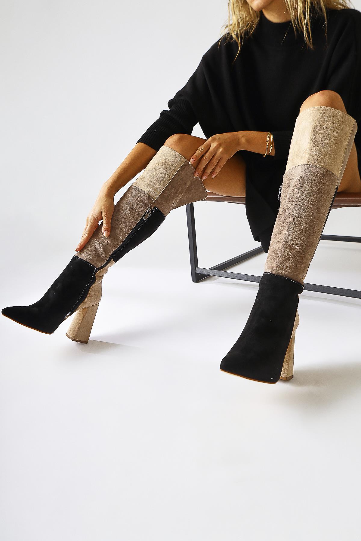 Kamiyah Schwarz Beige Overknee-Stiefel