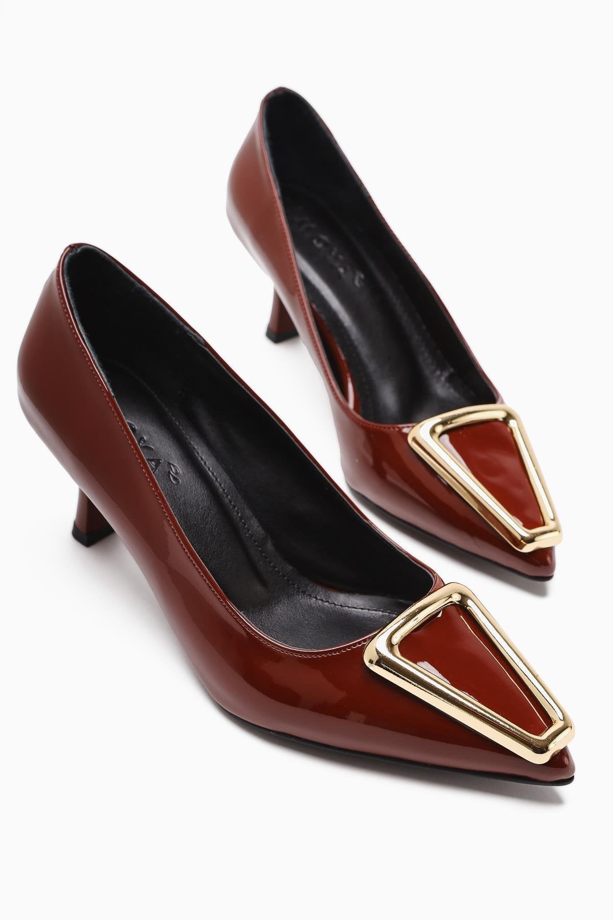 Carla Claret Red Patent Leather Pointed Toe Buckle Detailed Heeled Women's Shoes