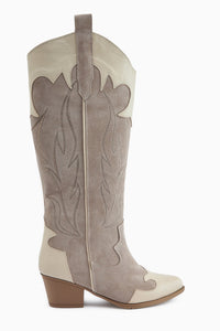 Lara Genuine Leather Beige Suede Embroidered Leather Detailed Heeled Western Boot