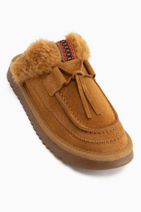 Tisha Tan Wildleder Fell Detail Damen Pantoletten