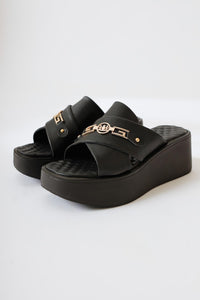 Stanny Black Cross Strap Buckle Detailed Thick Soled Slippers