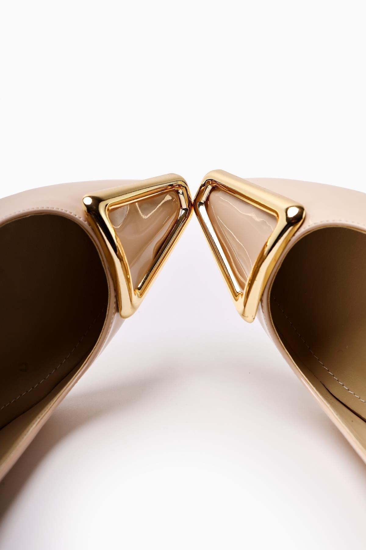 Carla Beige Patent Leather Pointed Toe Buckle Detailed Heeled Women's Shoes