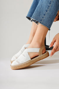 Zulma White Closed Front Knit Cross Strap Linen Sole Sandals