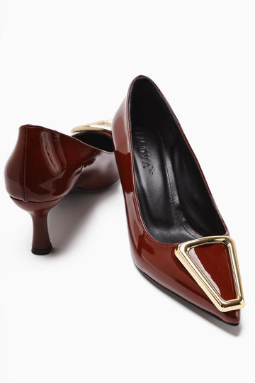 Carla Claret Red Patent Leather Pointed Toe Buckle Detailed Heeled Women's Shoes