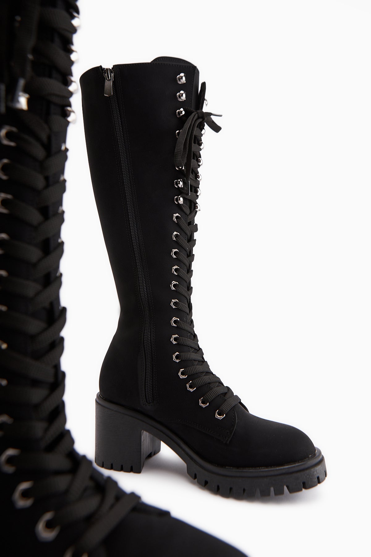 Bella Schwarze Schnür- und Reißverschluss Ovalzehen Damen Stiefel