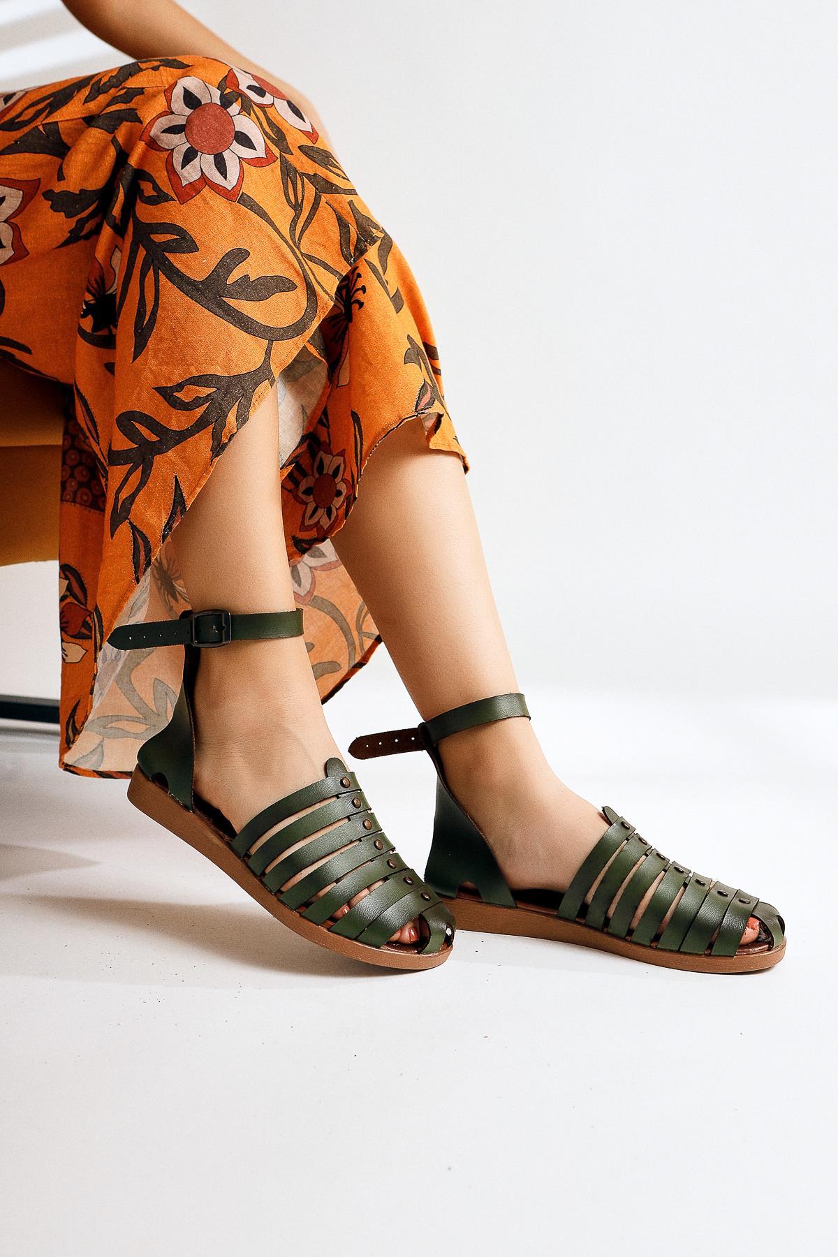 Genuine Leather Helen Khaki Toe Covering Bodrum Sandals