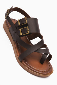 Genuine Leather Doraseos Buckle Detailed Brown Gladiator Sandals