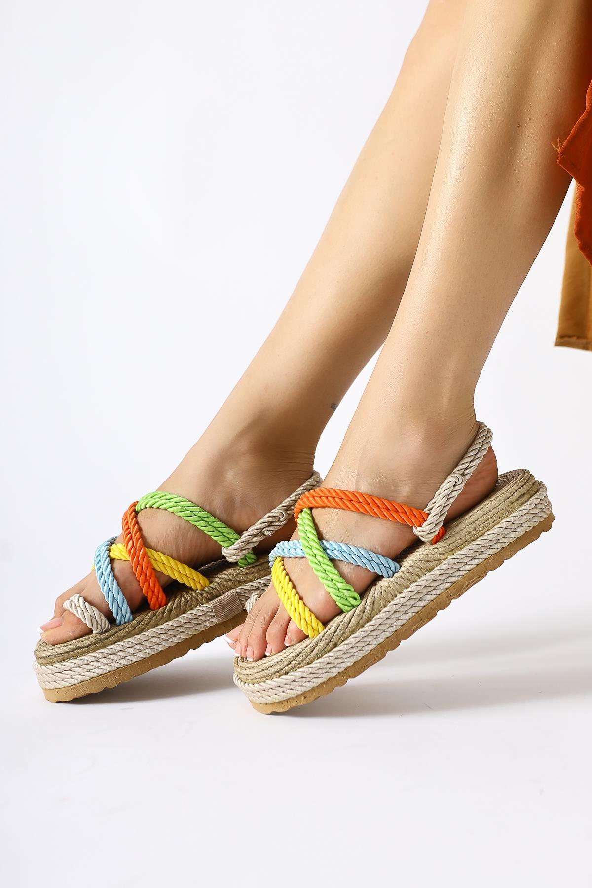 Spresa Cream-Multicolored Thick Soled Rope Sandals
