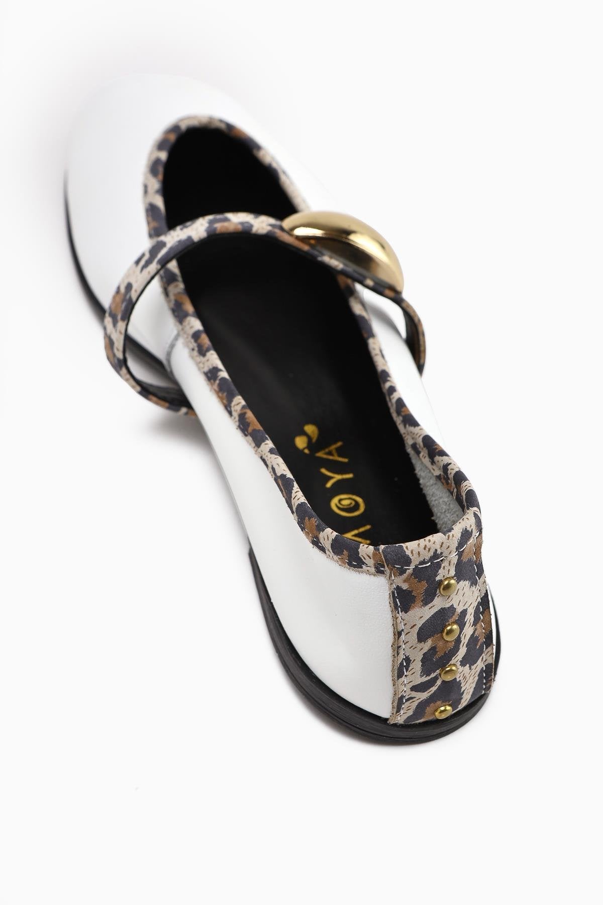 Genuine Leather Aliana White Buckled Leopard Detailed Women's Ballerinas
