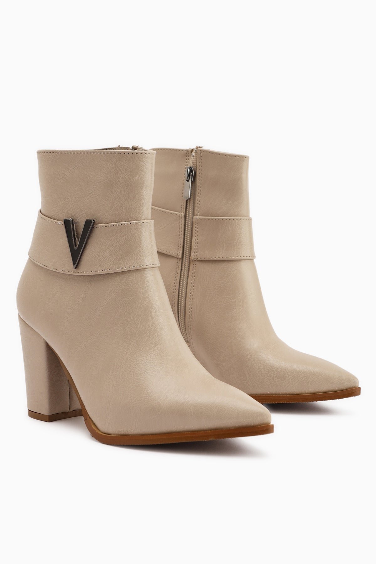 Elvia Beige Buckled Chunky Heel Boots