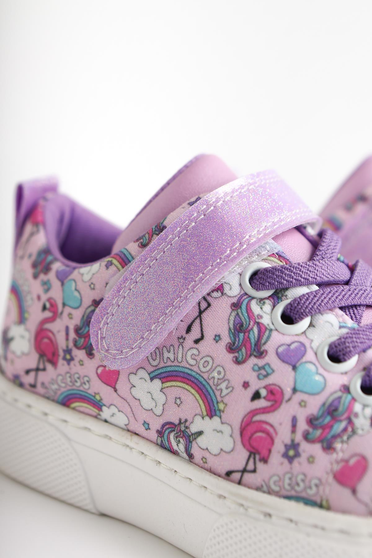 Lana Lila Gestreifter Charakterdruck Schnür-Velcro-Detail Kinder Sportschuh