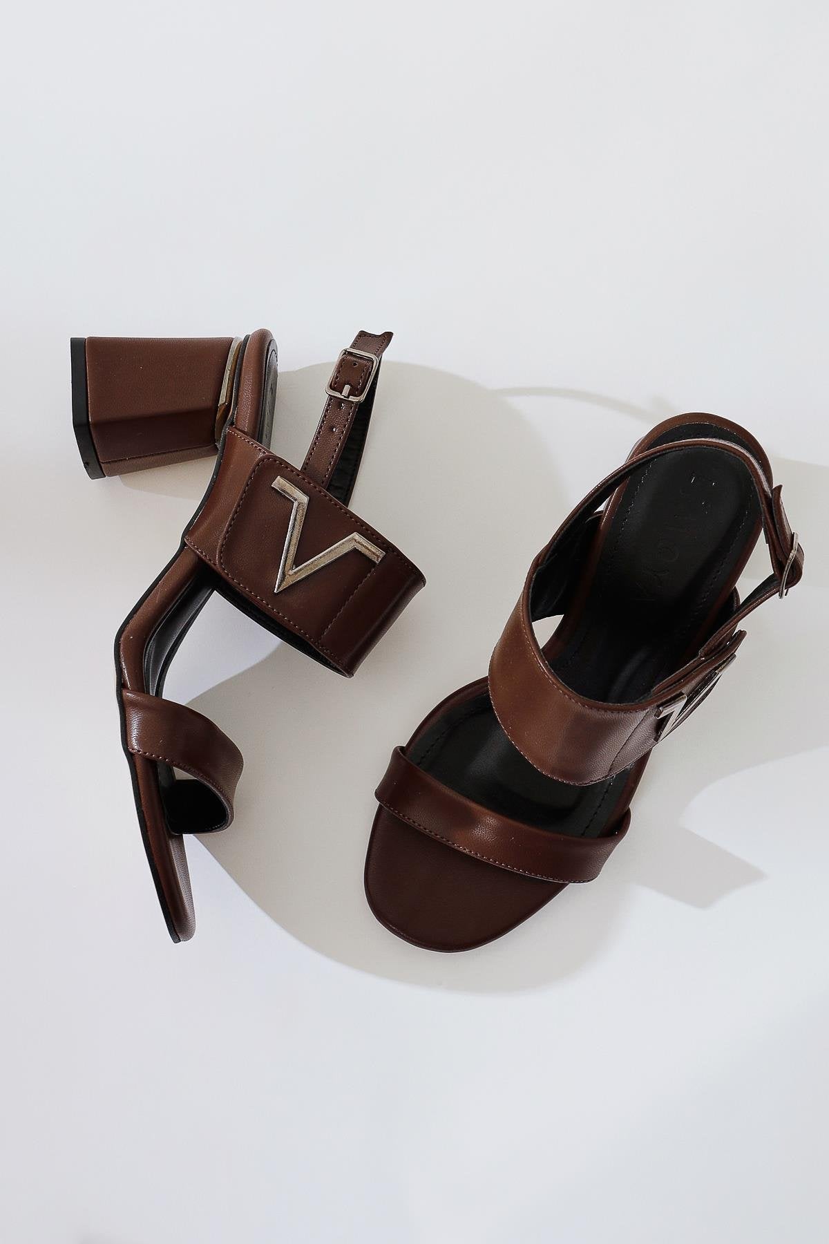 Mari-Anna Brown Buckle Detailed Double-Strap Heeled Sandals
