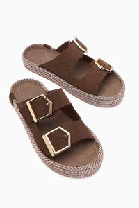 Horia Women's Double-Strap Woven Sole Slippers in Coffee