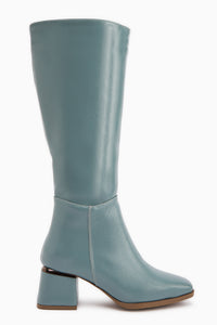Miami Blau Zerknittertes Lackleder Quadratzehen Damen Stiefel