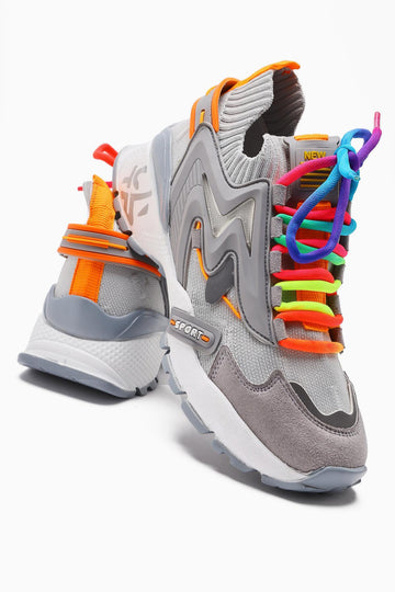 Anabell Gray Knit Suede Detailed Colorful Lace-Up Women's Sneakers
