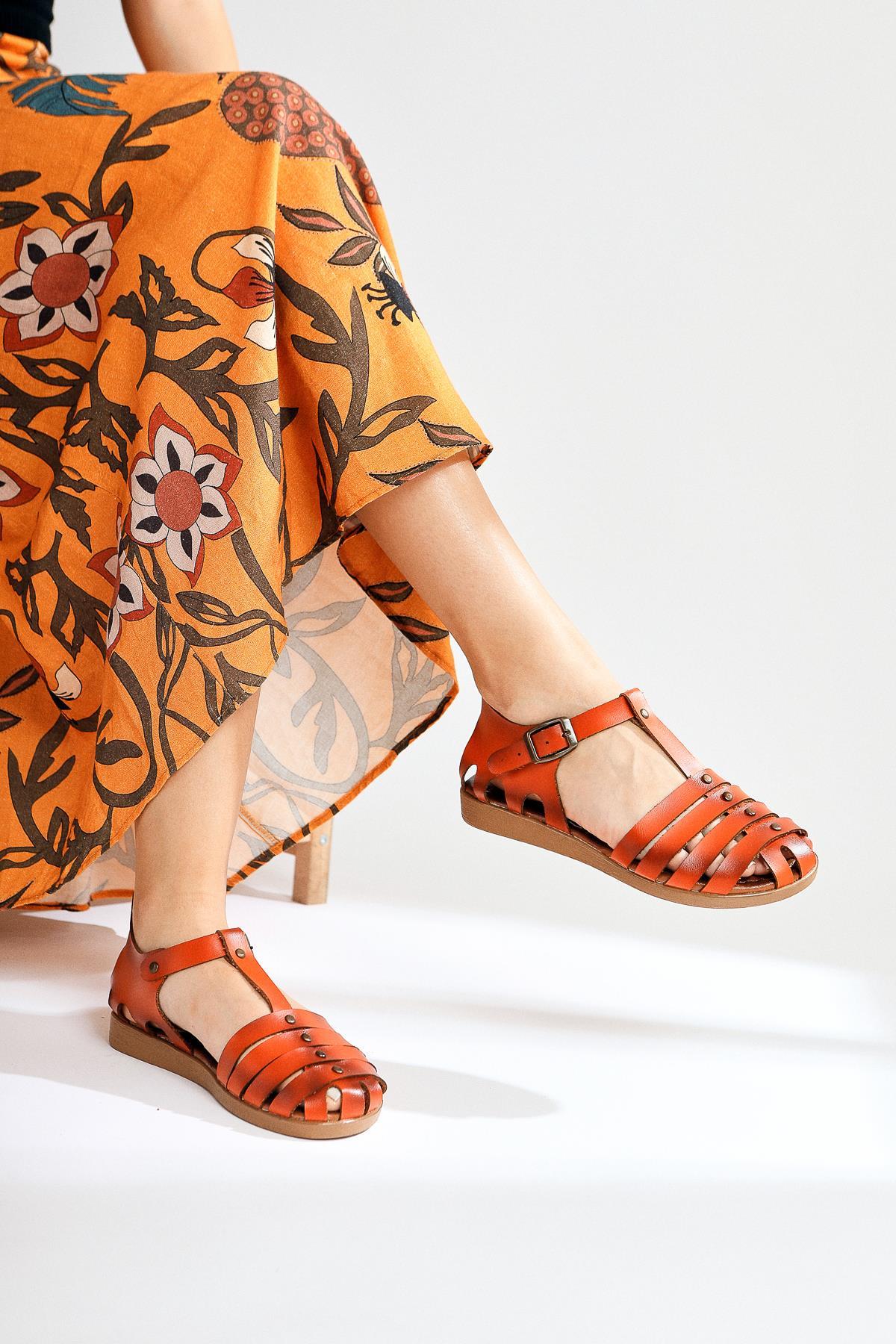 Genuine Leather Tori Orange Four-Strap Adjustable Flat Sandals