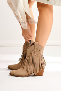 Lillebeth Mink Suede Tassel Stud Detail Western Boots