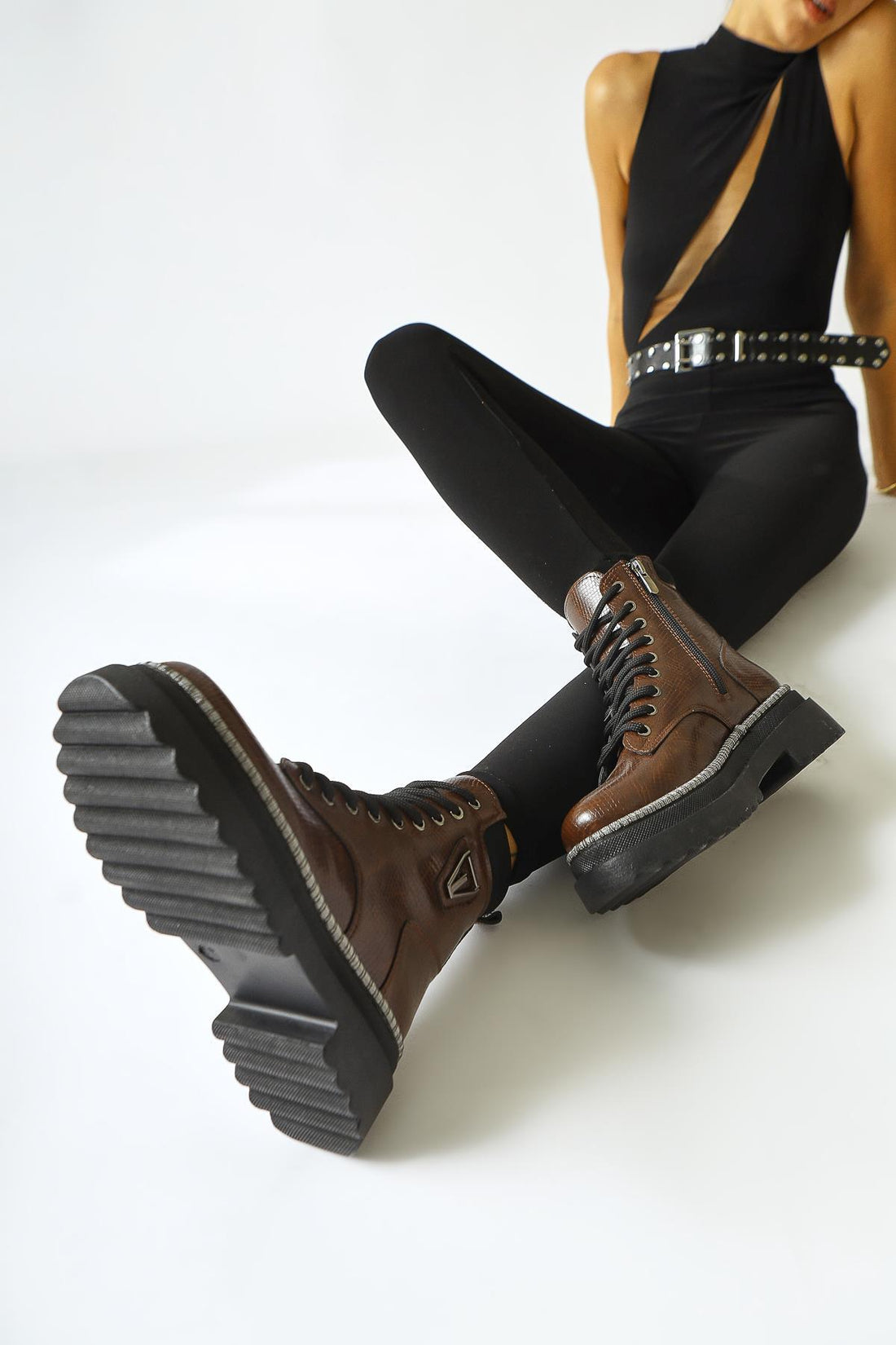 Amona Brown Lace-Up Boots with Shiny Stone Details