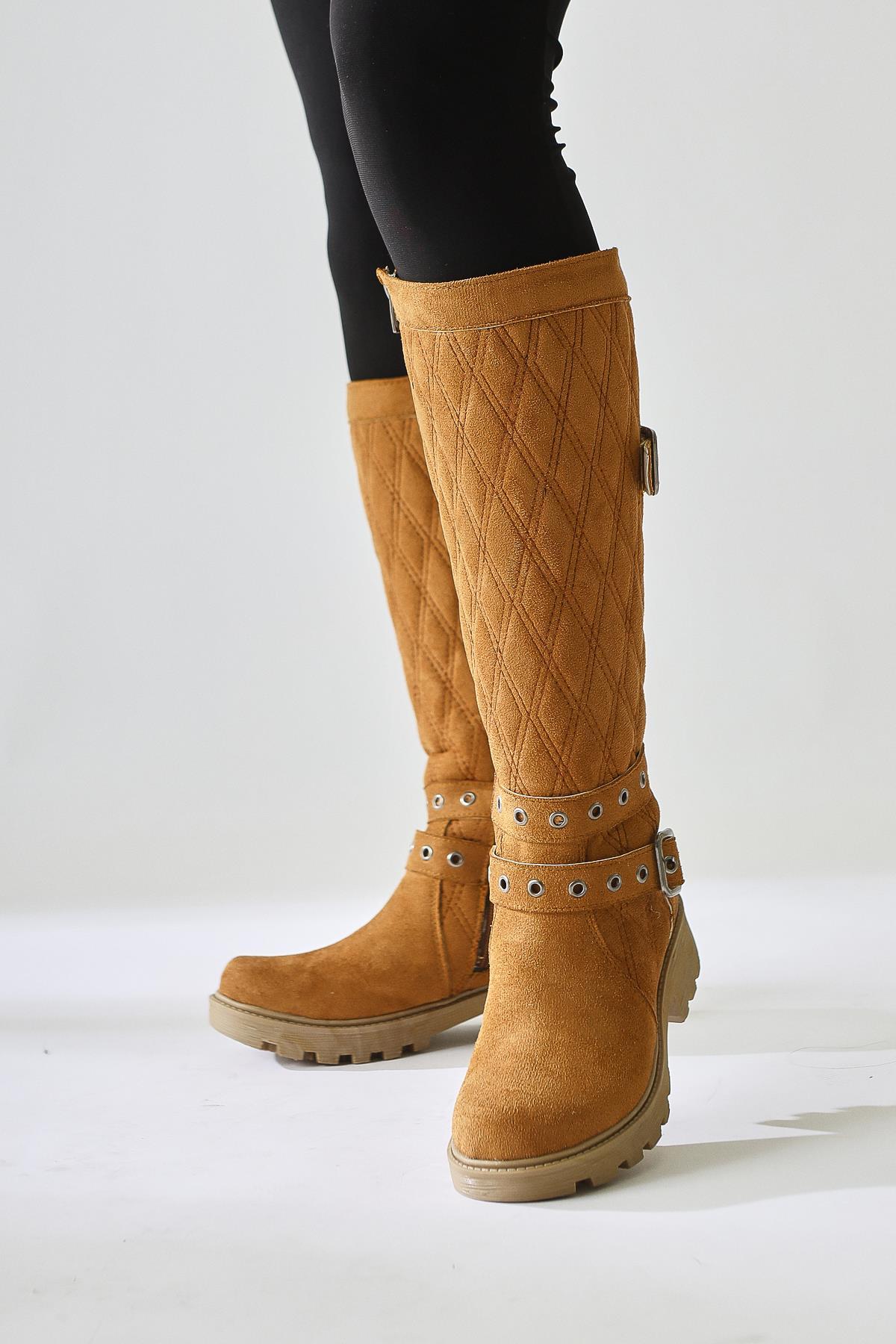Carma Tan Suede Belt Detailed Quilted Stitch Boots