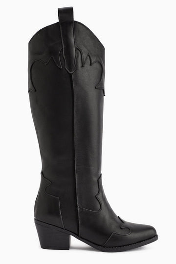 Lara – Schwarz Echtleder kniehoher Stiefel mit Absatz und Western-Detail (Damen)