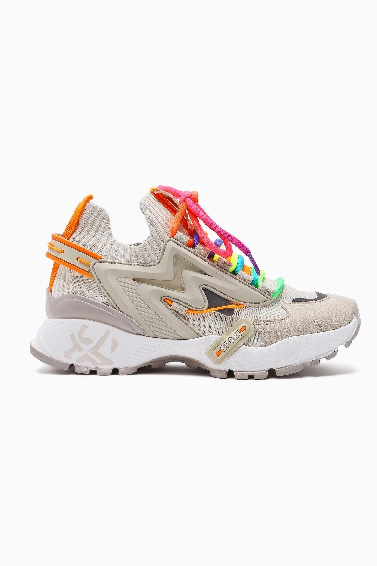 Anabell Bej Triko Süet Detaylı Renkli Bağcıklı Kadın Sneakers